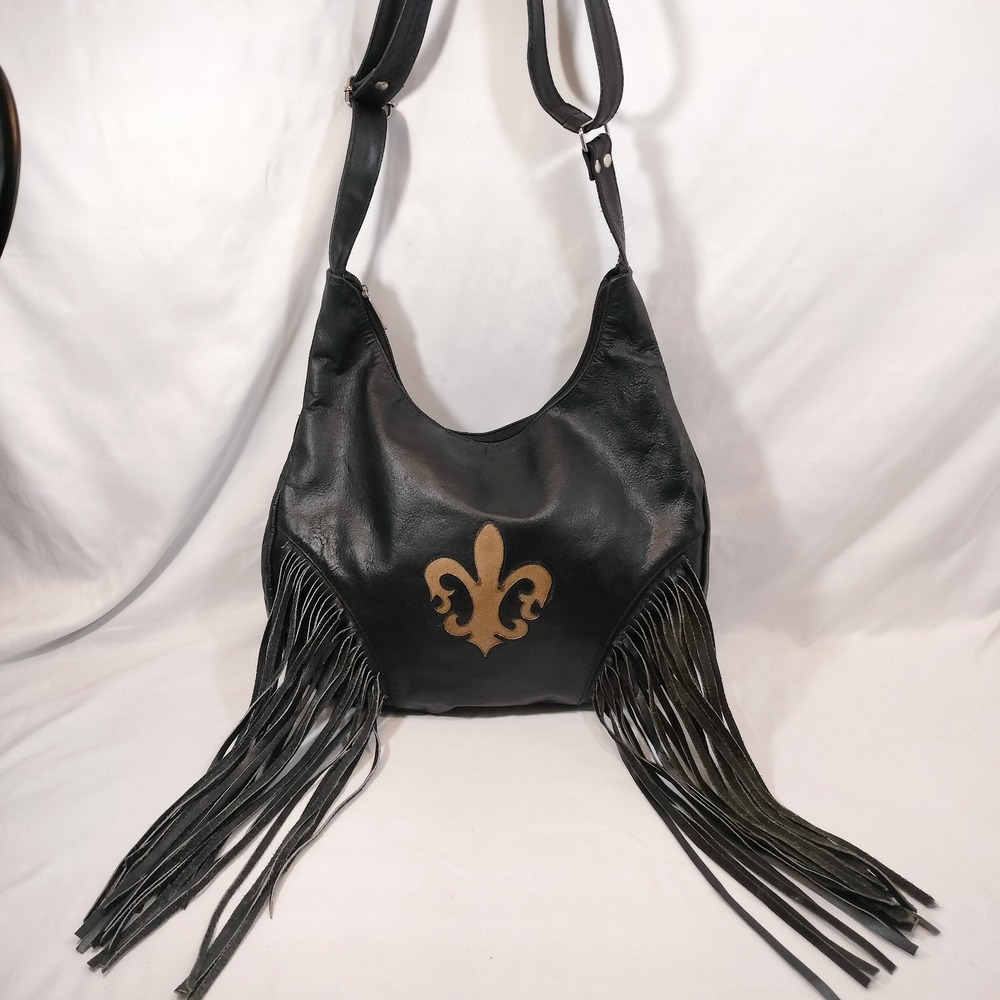 Western Fringe Black‎ Leather Shoulder Bag; Fleur de Lis Fringe Boho